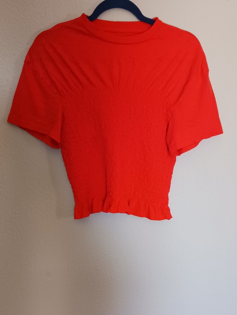 aerie Red Smocked Short Sleeve Crop Top